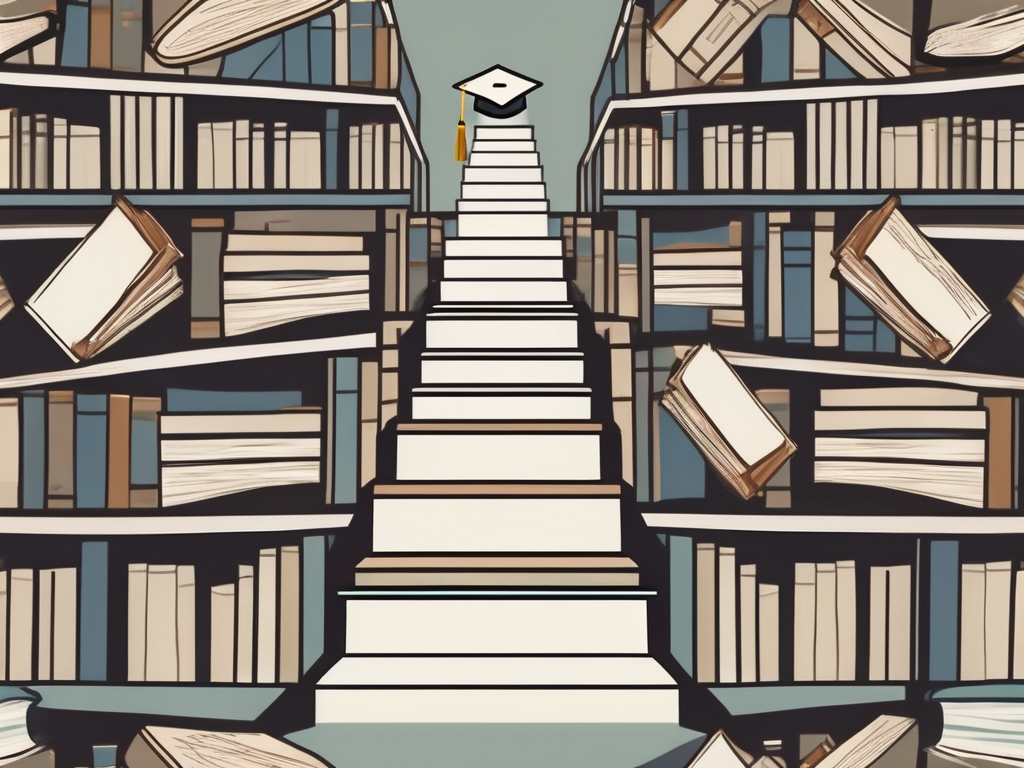 A graduation cap ascending a staircase made of books