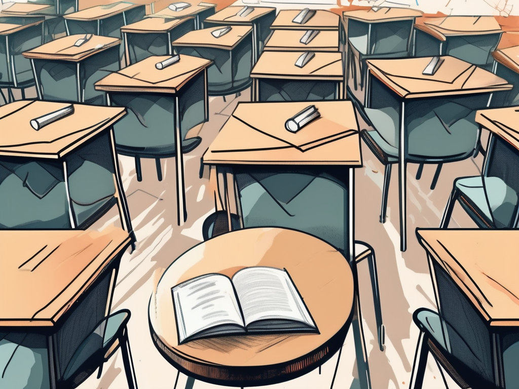 A classroom setting with empty chairs