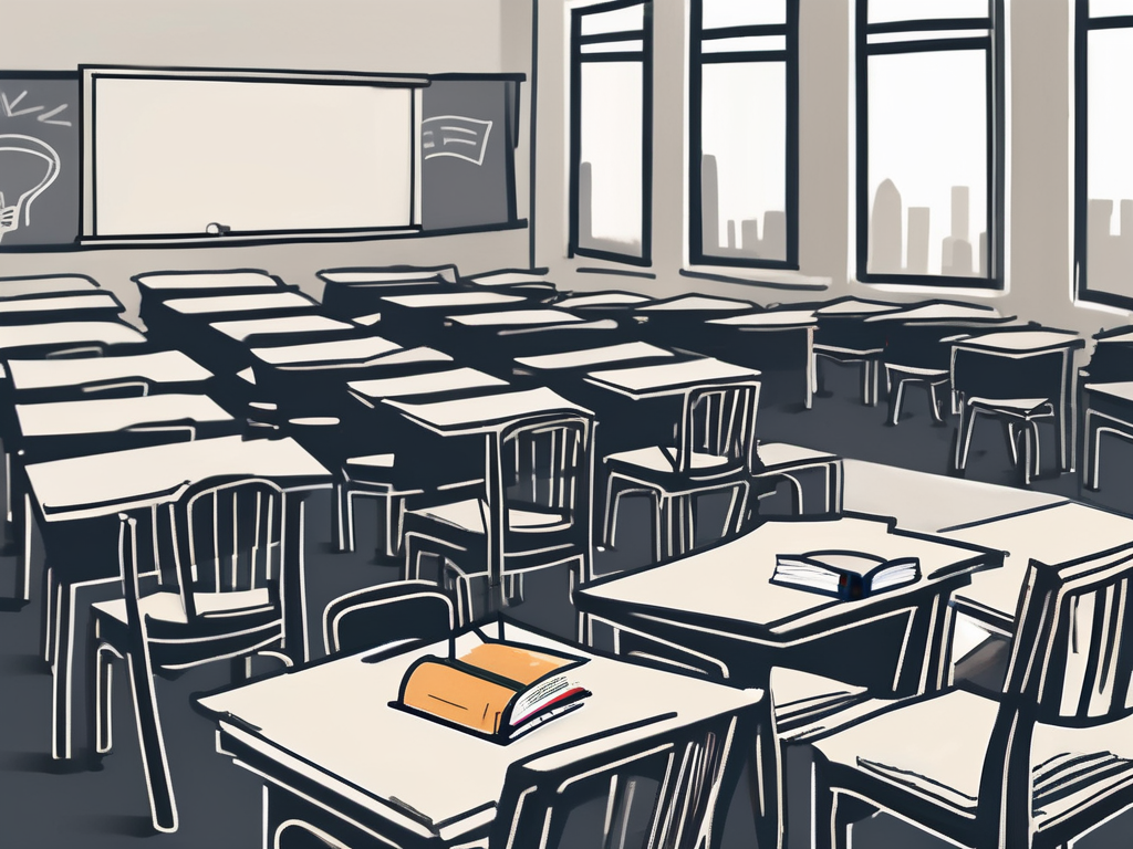 A classroom setting in dubai with empty chairs and desks