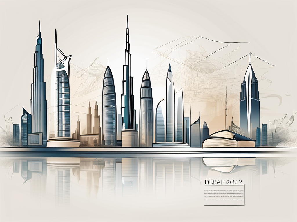 A modern dubai skyline with educational symbols like graduation cap