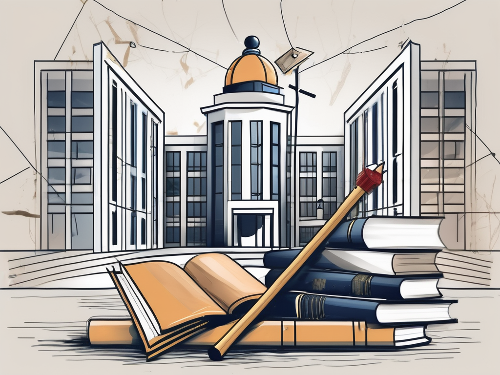 A malaysian university building with symbolic elements such as a broken pencil