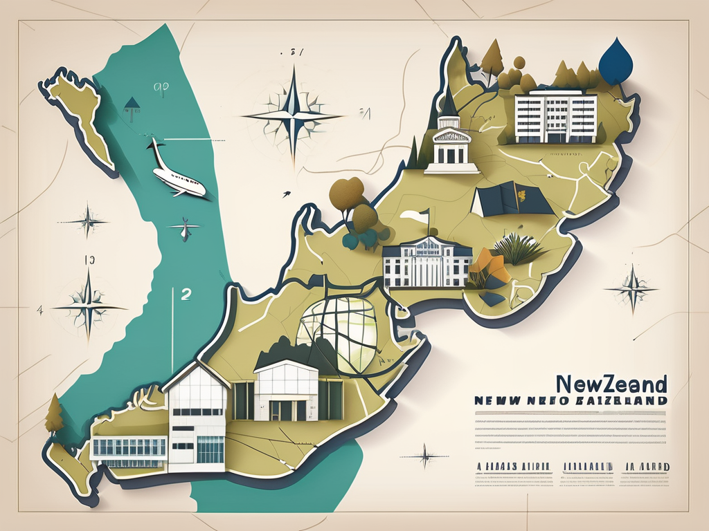 A variety of international school buildings scattered across a stylized map of new zealand