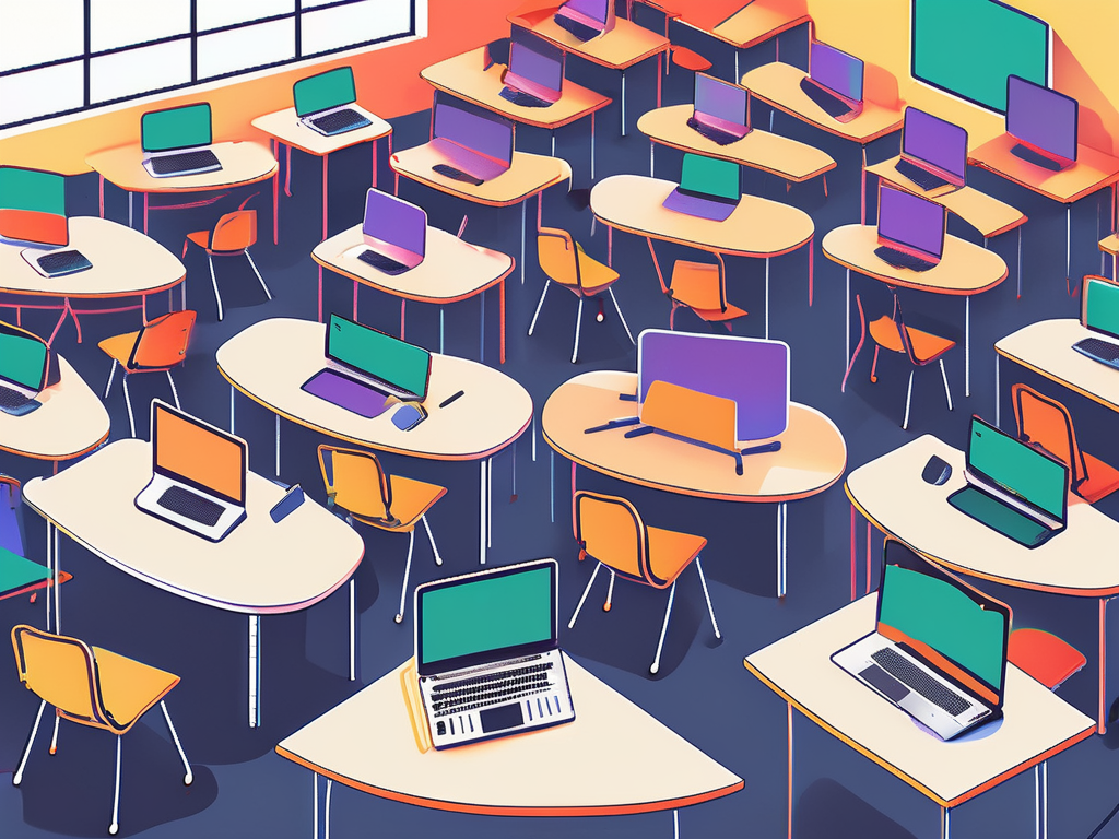 A vibrant classroom scene with desks arranged in a circular pattern