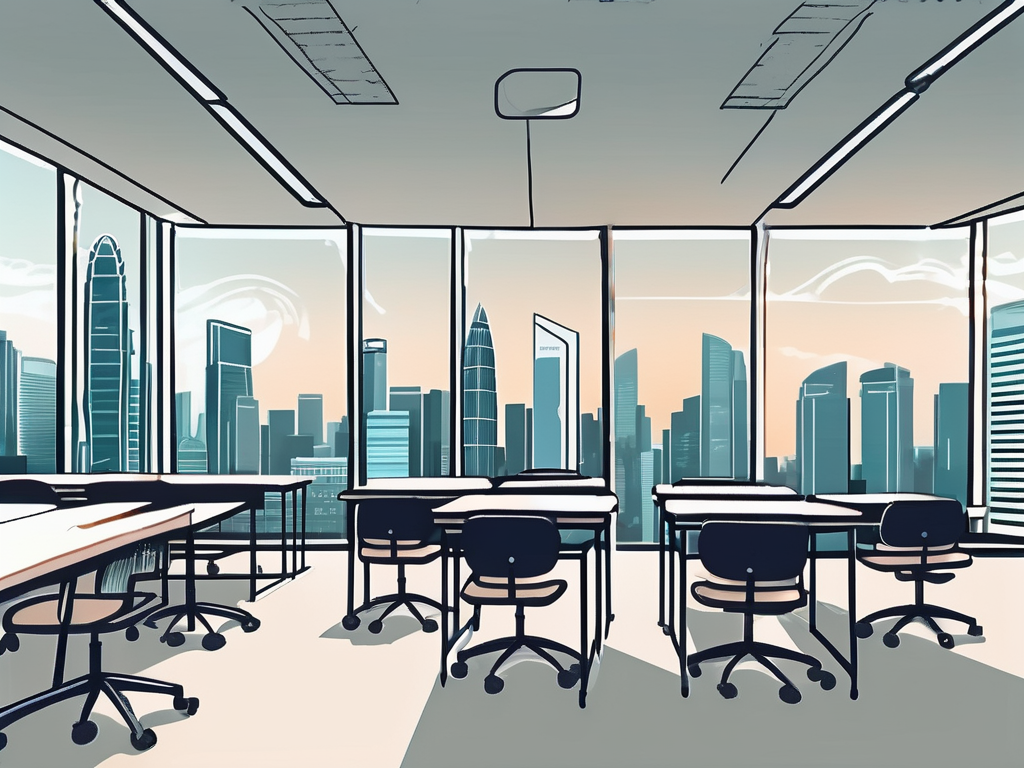 A classroom setting in singapore with high-tech teaching equipment and the iconic singapore skyline visible through the window