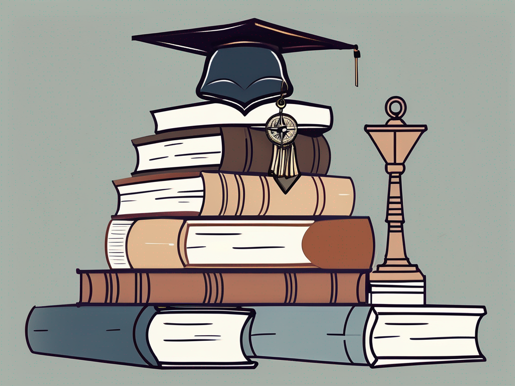 A compass and a graduation cap on top of a stack of books