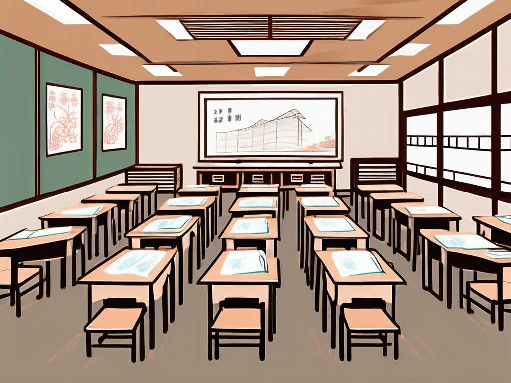 A traditional chinese classroom setting with desks