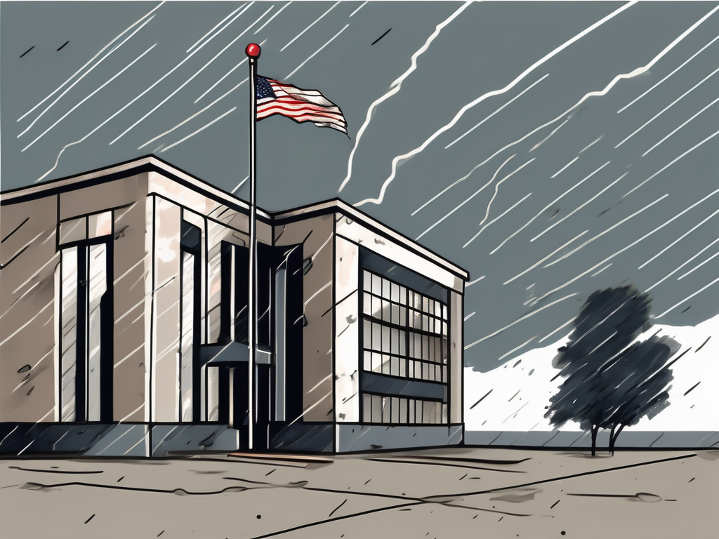 A crumbling school building with a flag at half-mast