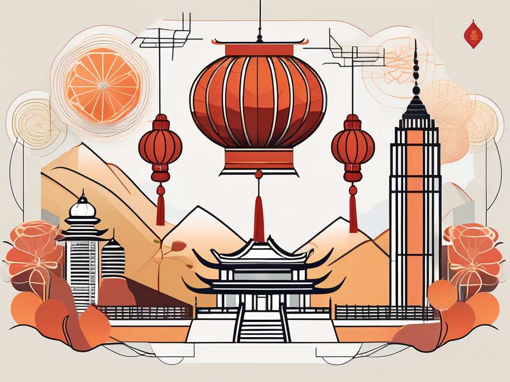 A diverse array of symbolic cultural items (like a chinese lantern