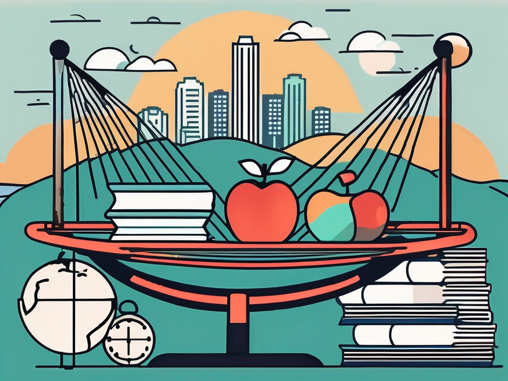 A balanced scale with one side holding educational symbols like books