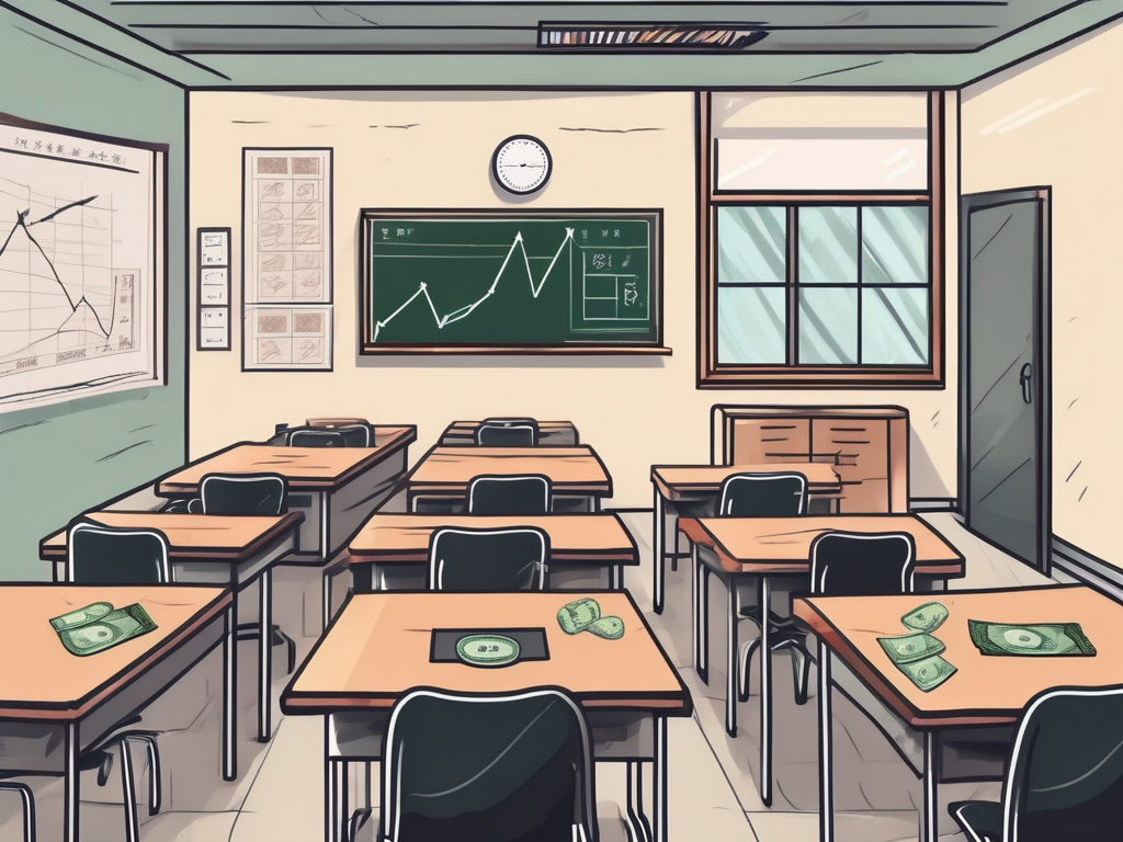 A classroom setting in hong kong with a chalkboard showing various international currency symbols