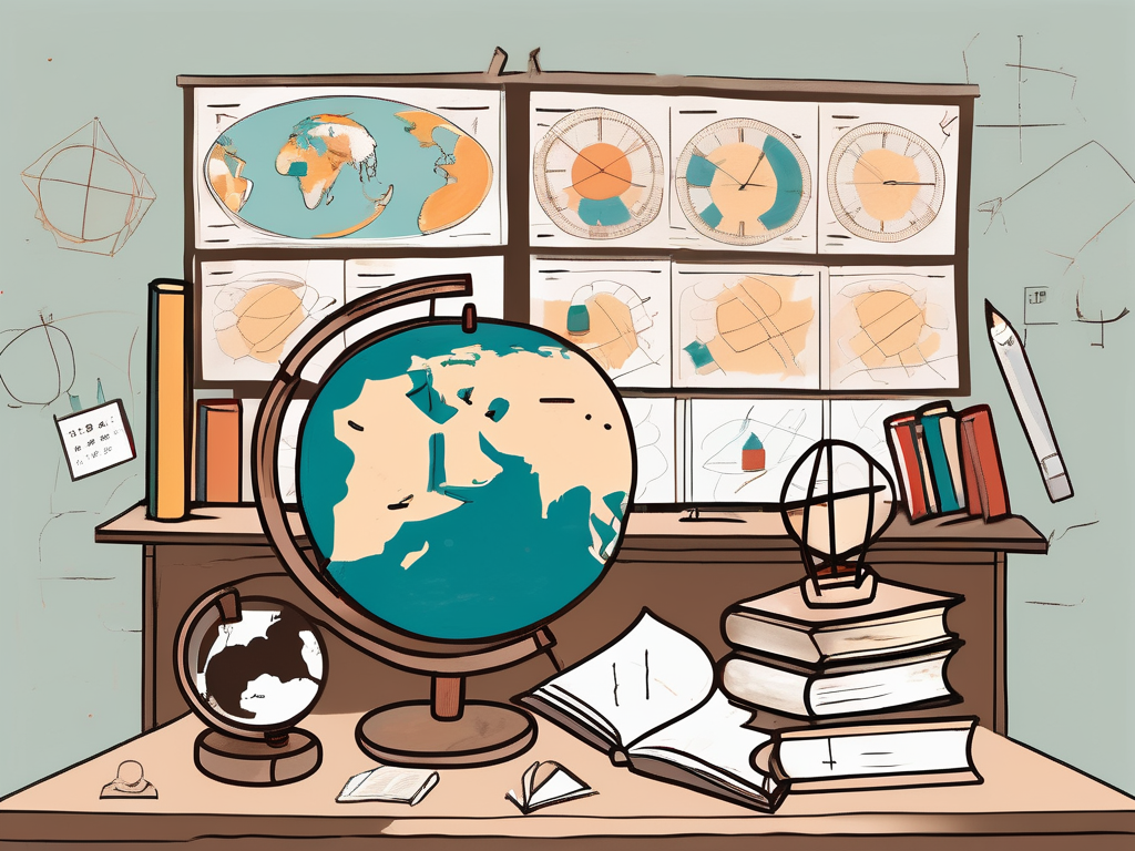 A hong kong classroom setting with diverse educational tools and symbols representing international teaching issues such as a globe