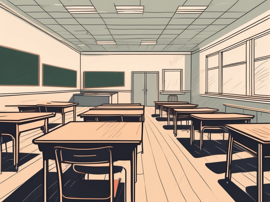 A classroom with empty desks and chairs