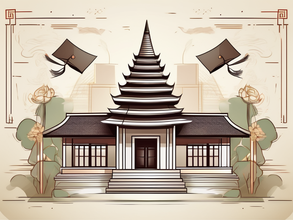A traditional thai school building with a graduation cap and diploma symbolically placed on top
