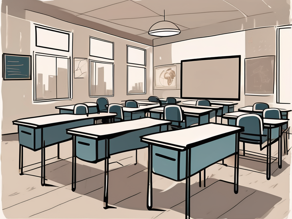 A classroom setting in malaysia with empty chairs and desks