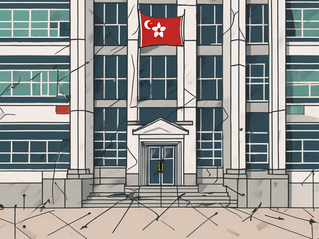 A public school building in hong kong with various international flags fluttering around it