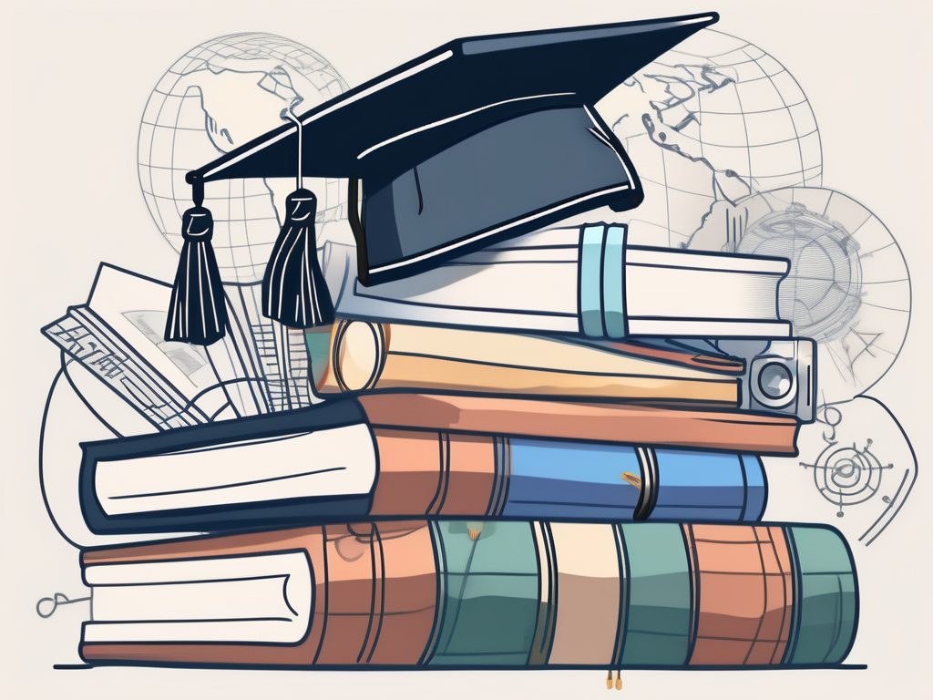 A stack of books with a graduation cap on top