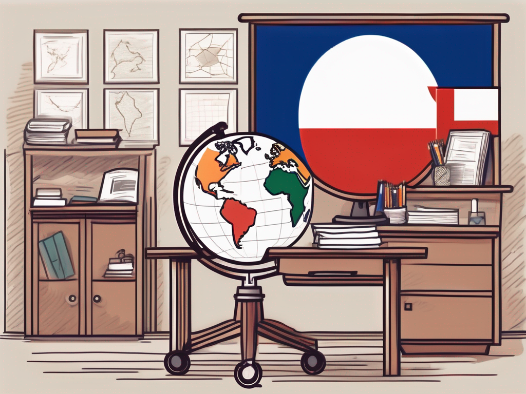 A classroom setting with an empty teacher's desk