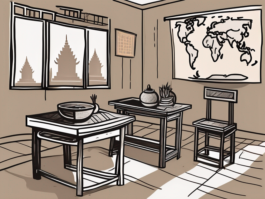 A traditional cambodian classroom with a desk
