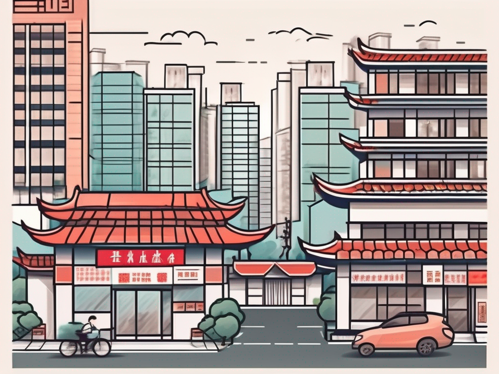 A typical chinese cityscape with various elements such as a school building