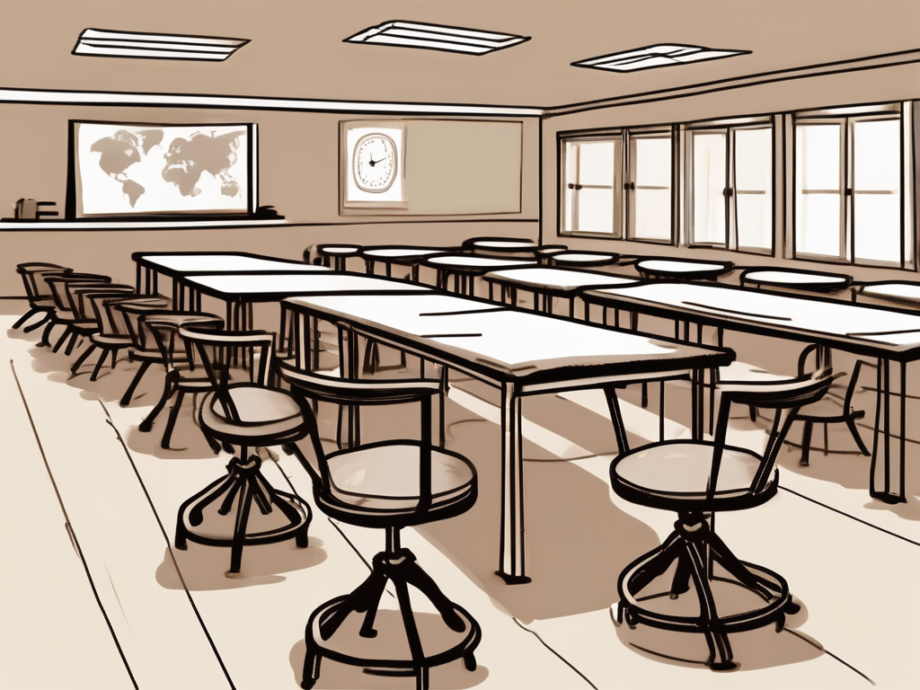 A classroom setting in china with empty chairs and desks