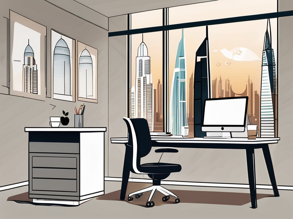 A modern classroom with a view of uae's iconic landmarks in the background