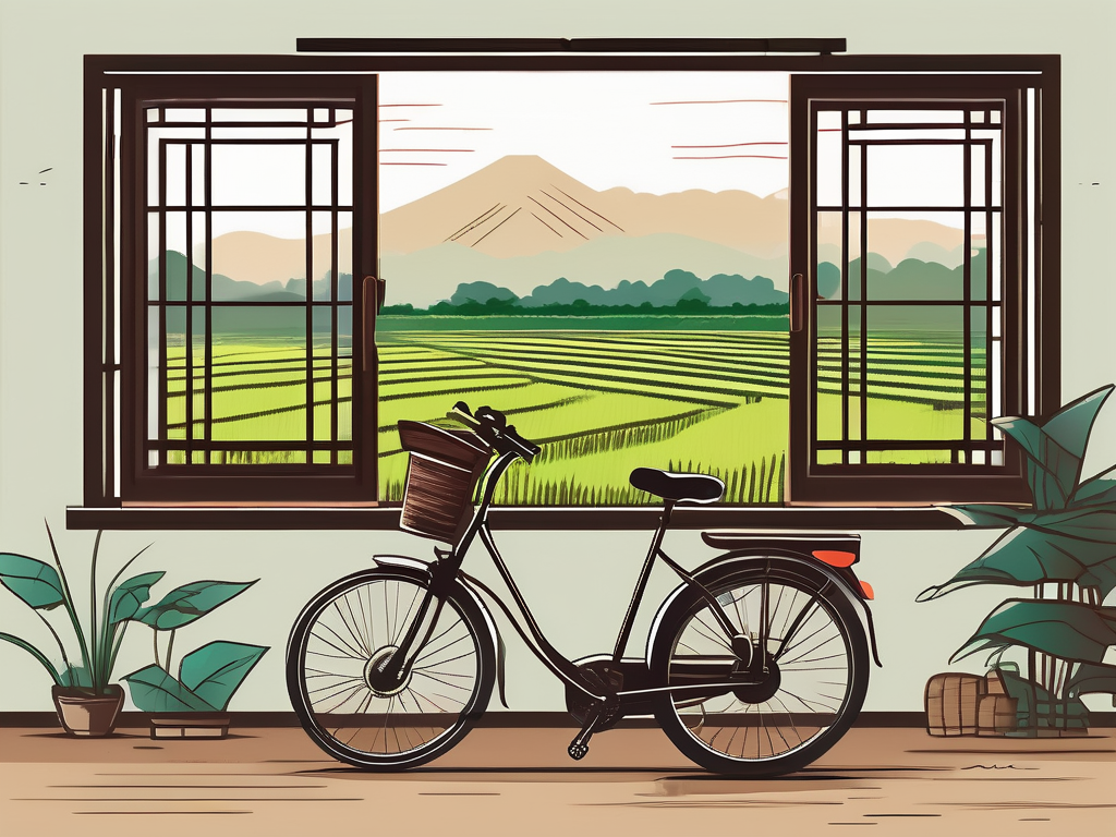 A classroom setting with a view of the vietnamese landscape through the window