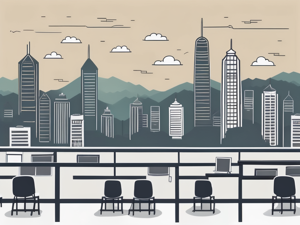 A hong kong skyline with empty classrooms and chalkboards