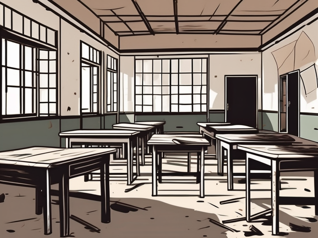 A dilapidated school building in a rural cambodian landscape