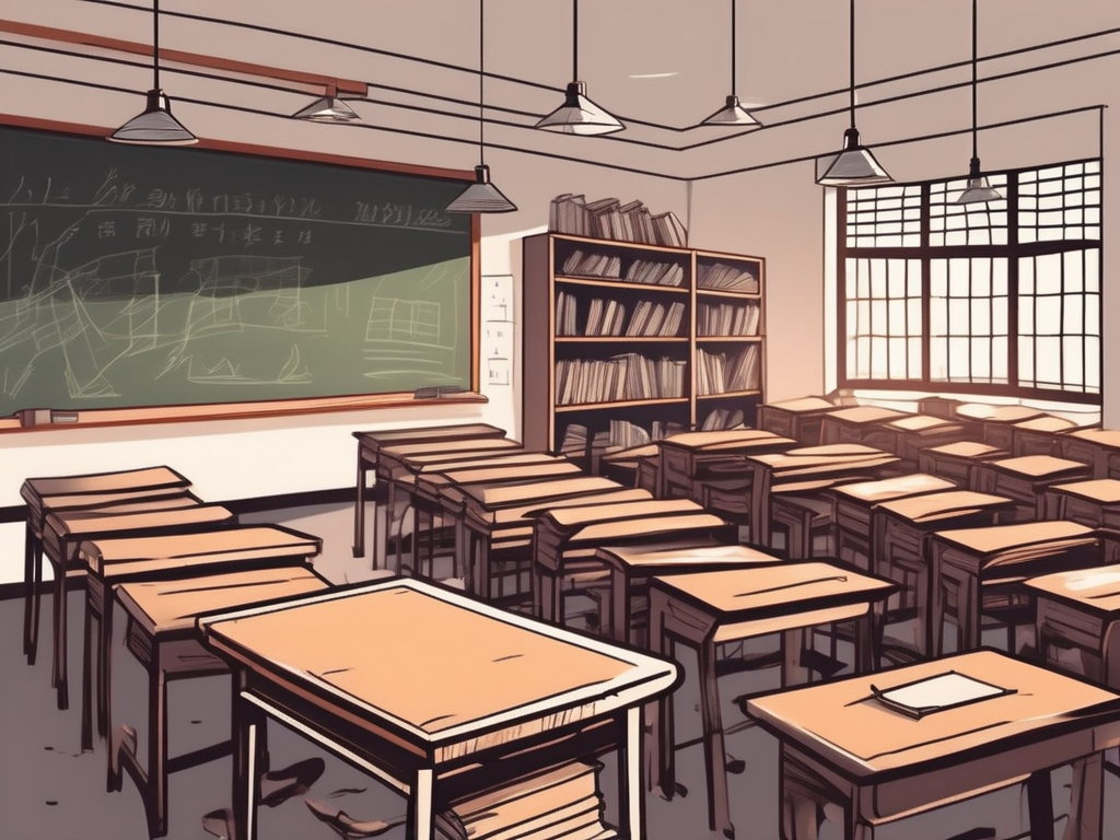 A classroom with desks arranged in rows