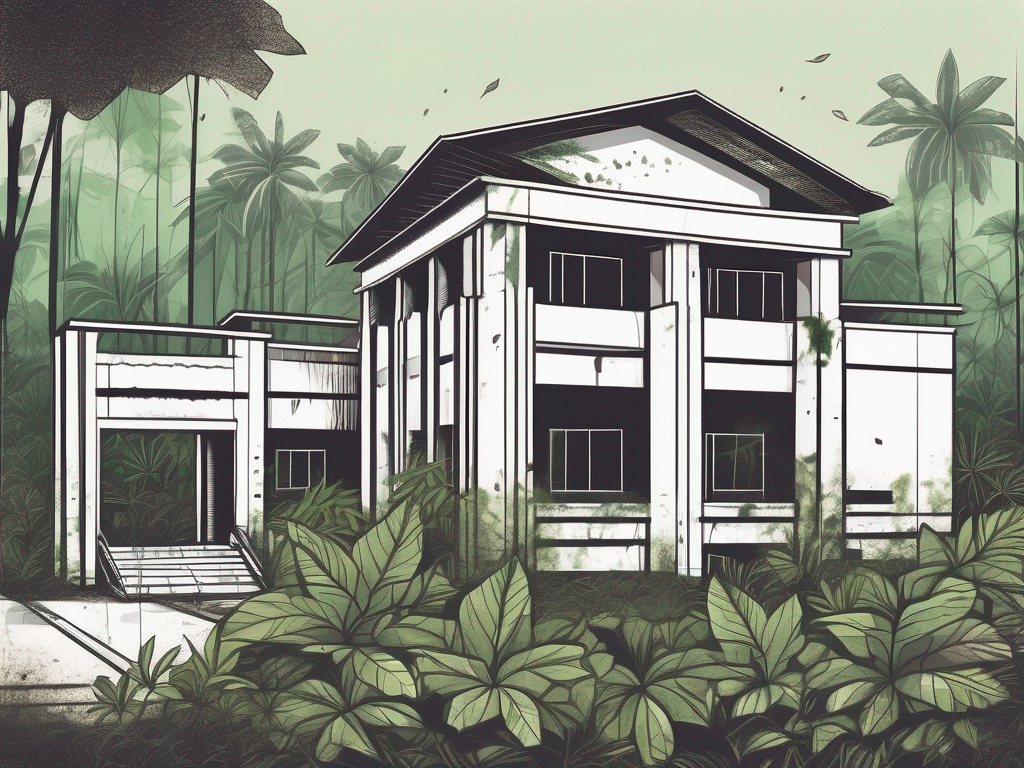 A dilapidated school building with a broken gate