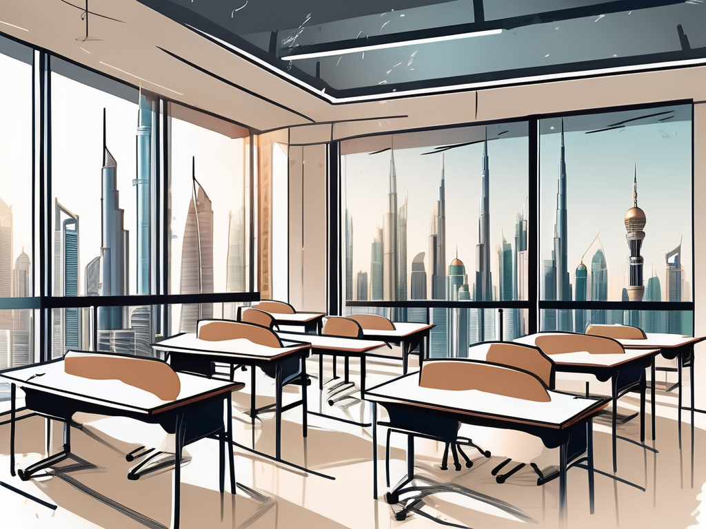 A modern classroom setting in dubai with various educational tools and a backdrop of dubai's skyline