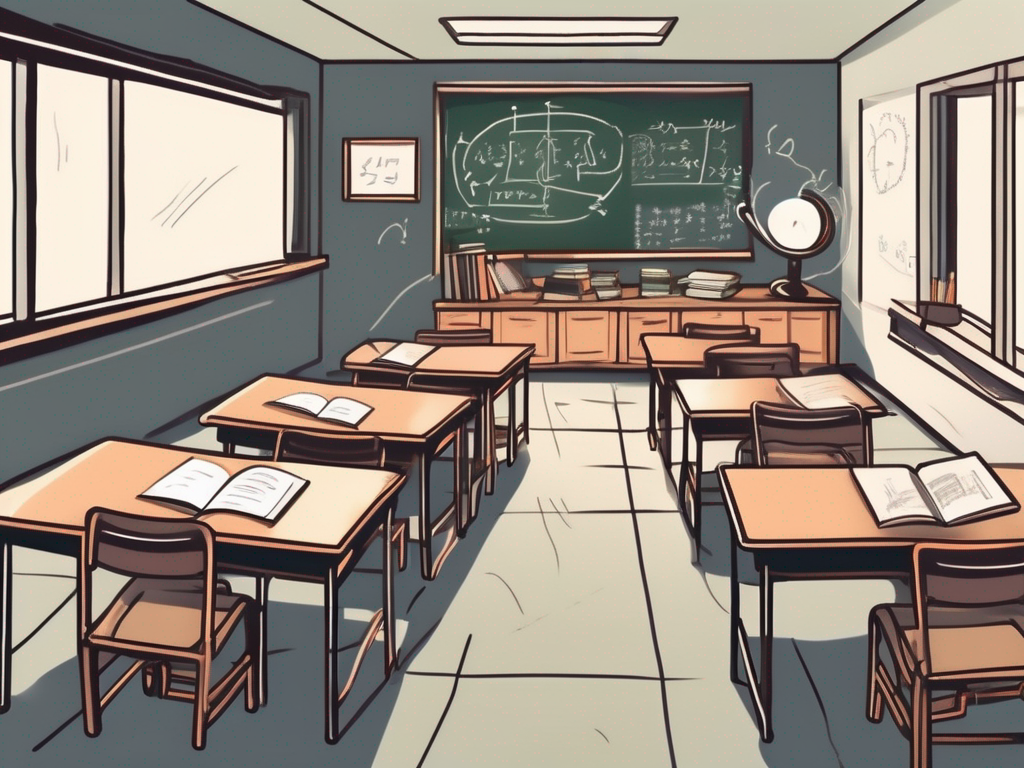 A classroom setting with empty desks and chairs