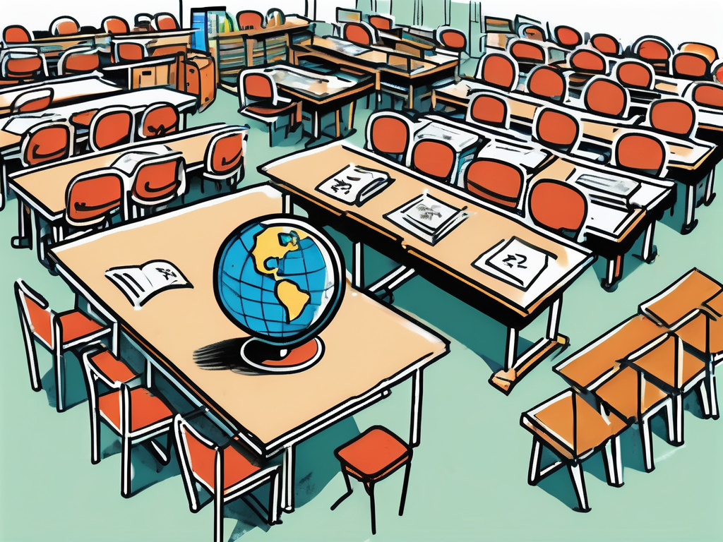 A classroom with empty desks and chairs