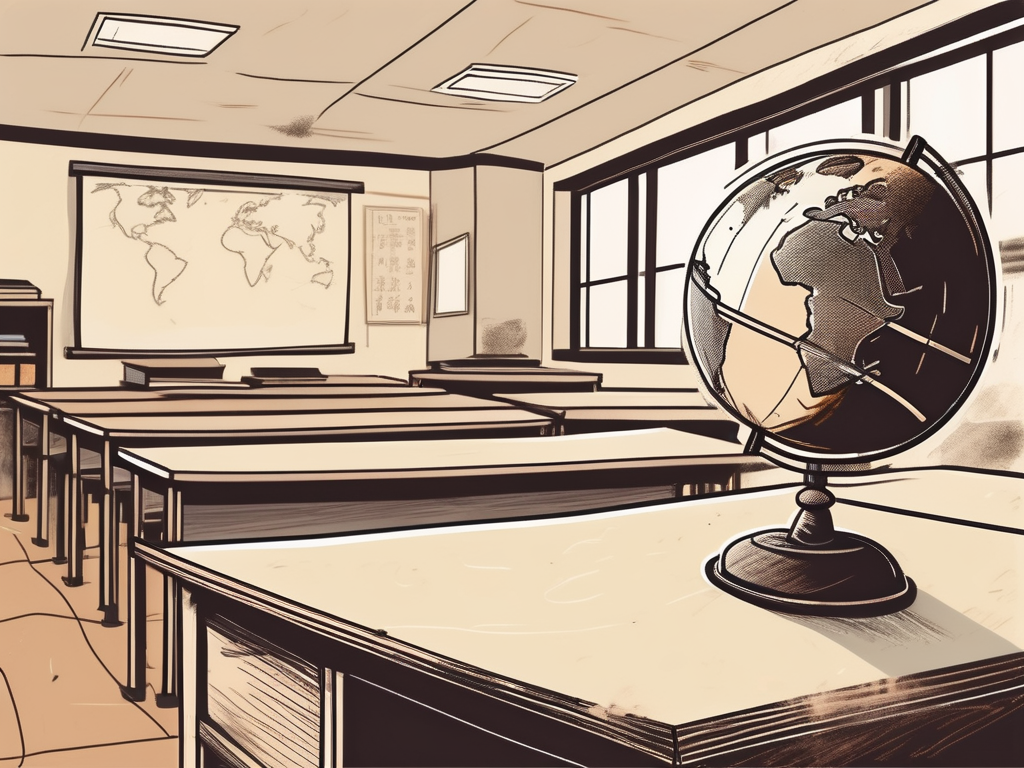 A chinese classroom with a globe on the teacher's desk