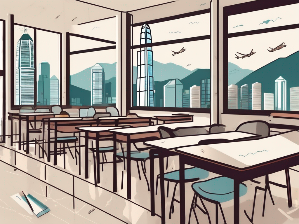 A classroom setting in hong kong with scattered teaching materials and iconic hong kong landmarks visible through the window