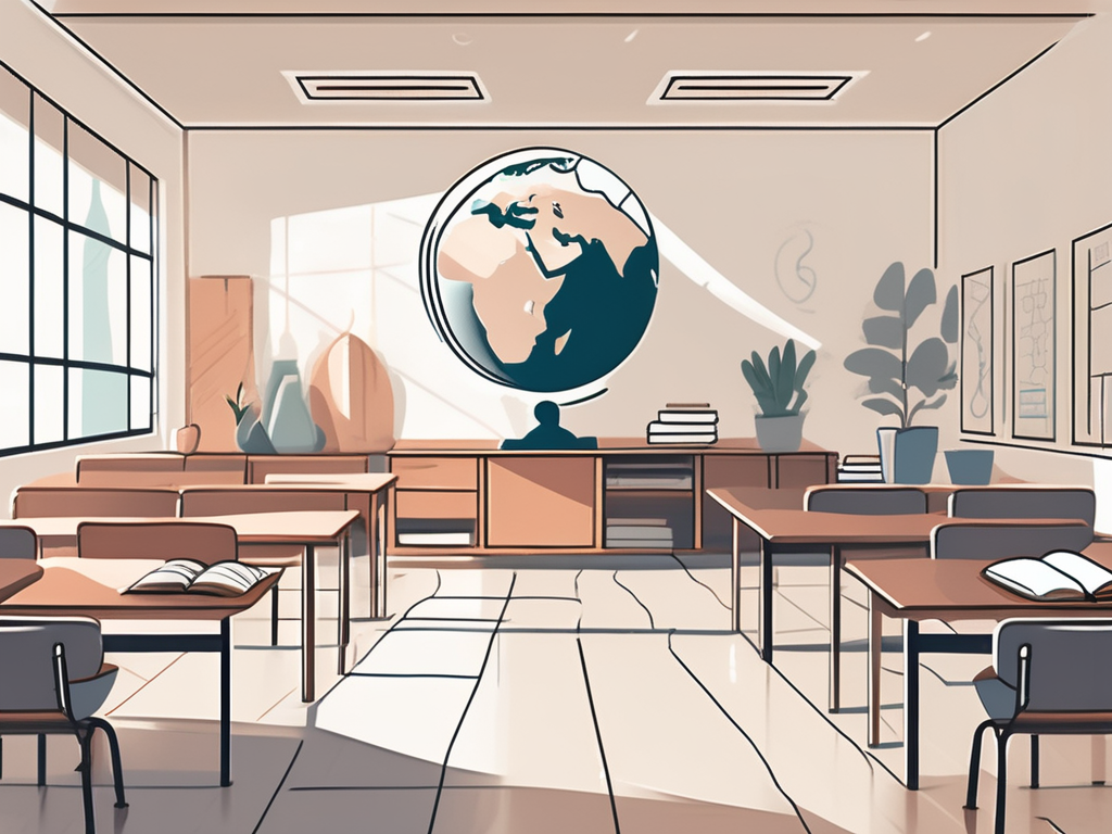 A serene classroom setting in dubai with elements like a globe