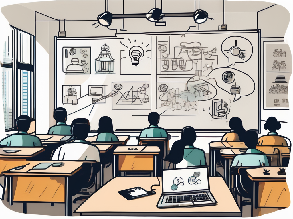 A classroom setting in hong kong with various symbols representing challenges such as a language barrier (symbolized by a broken speech bubble)