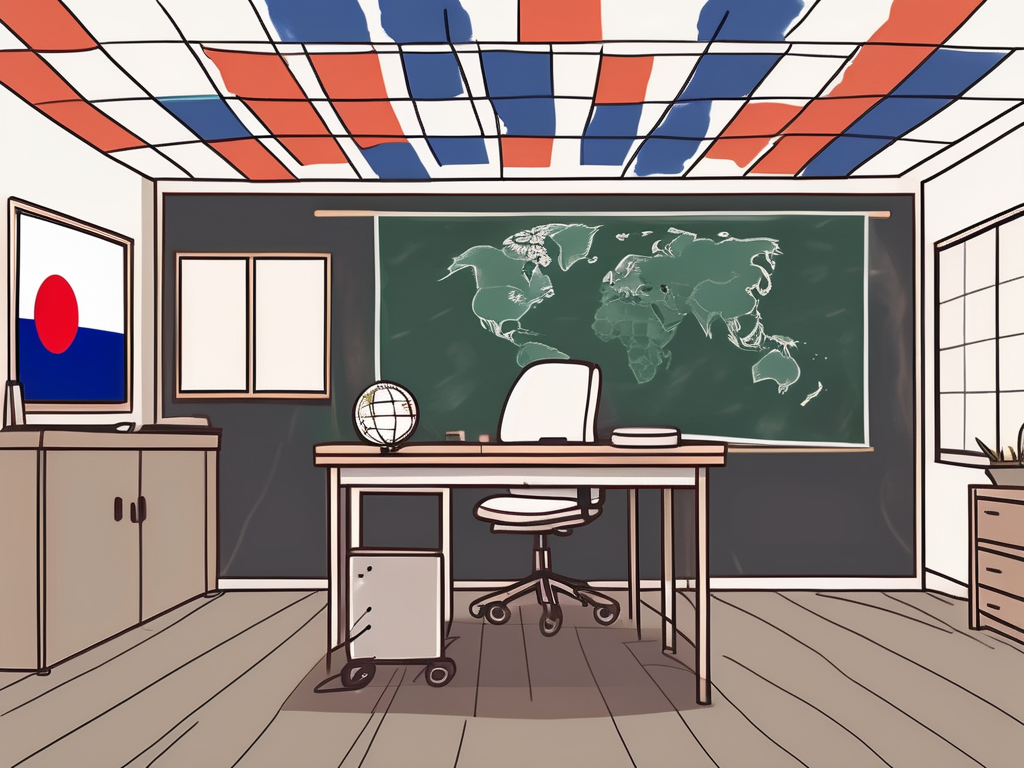 A taiwanese classroom with various international flags hanging from the ceiling