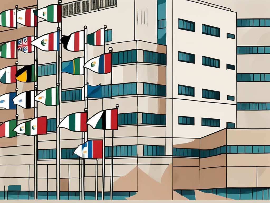 A diverse array of international school buildings in kuwait with various national flags fluttering in the wind