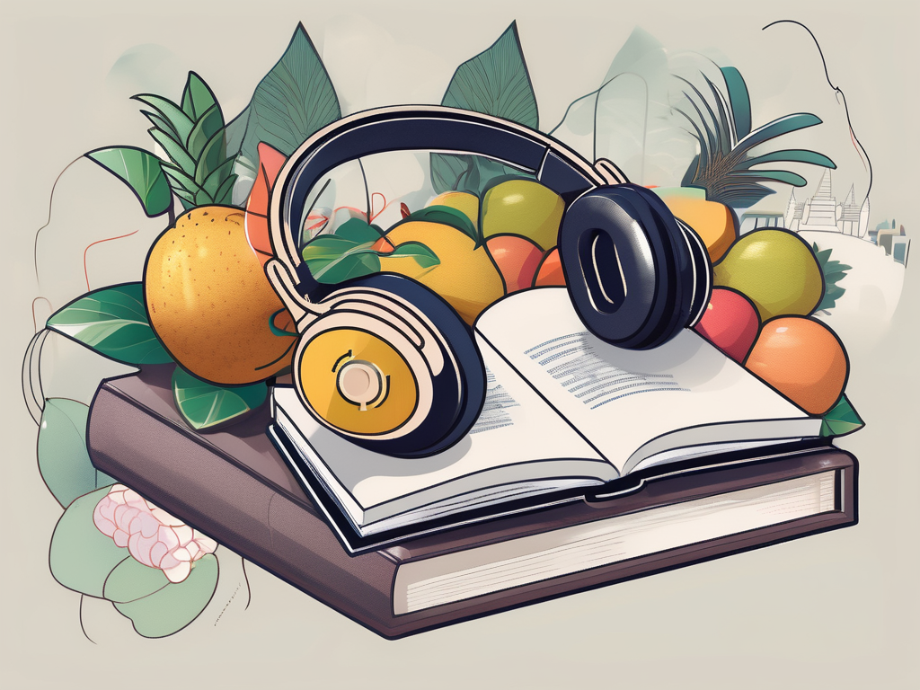 A pair of headphones resting on a book with thai symbols