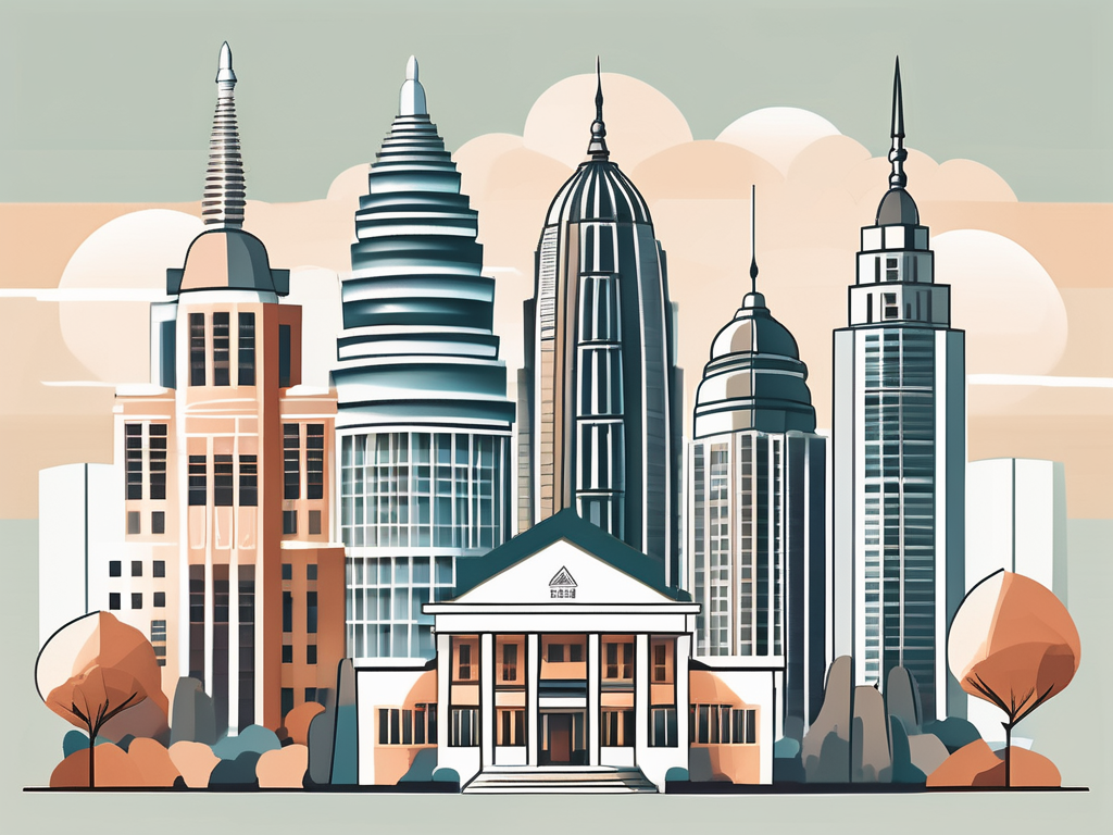 A diverse collection of eight stylized school buildings