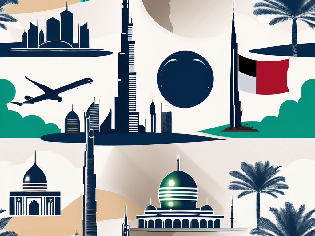 A uae landscape featuring prominent landmarks like the burj khalifa and palm jumeirah