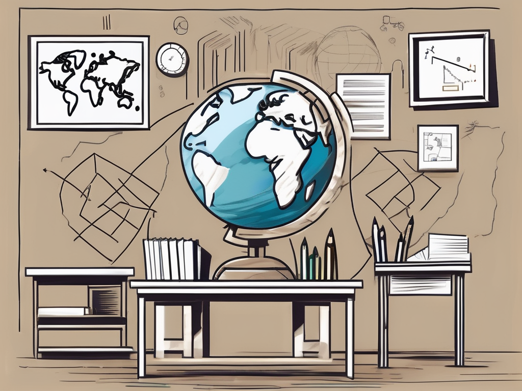 A classroom setting in dubai with various educational tools and obstacles symbolically represented