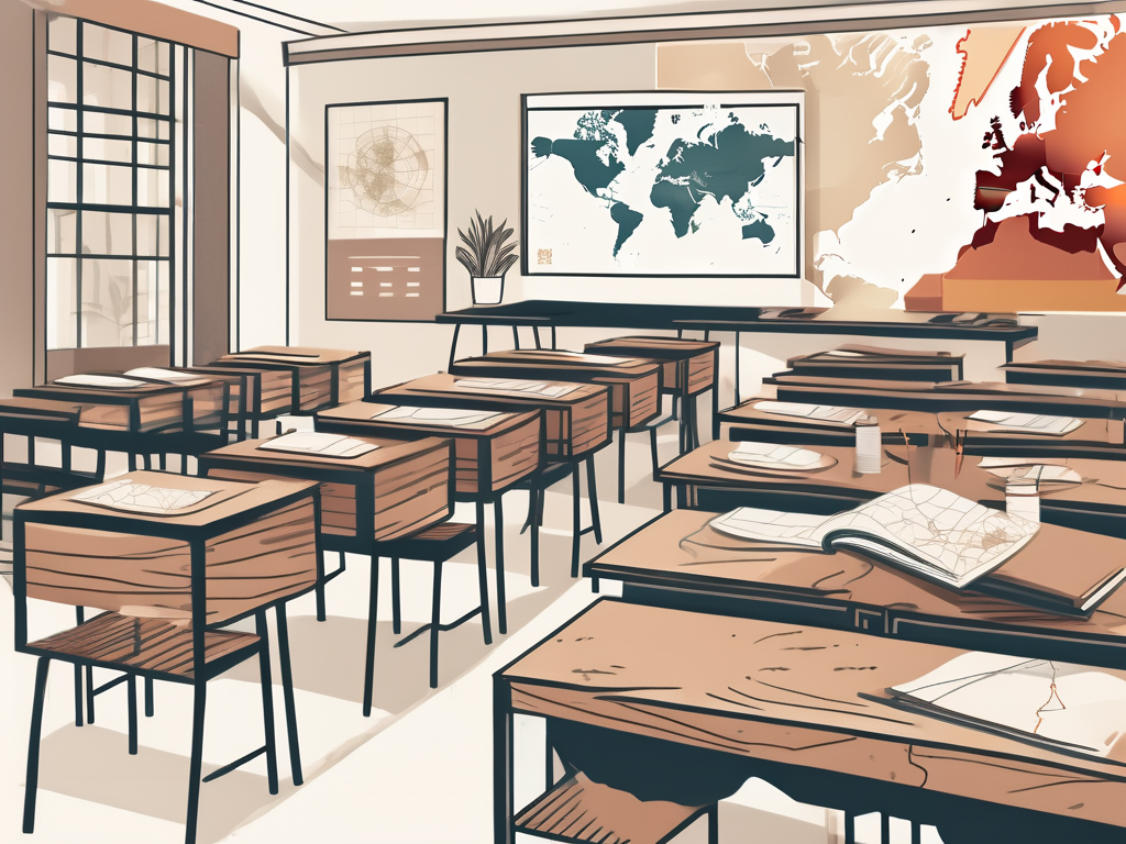 A classroom setting with diverse cultural symbols from around the world placed strategically