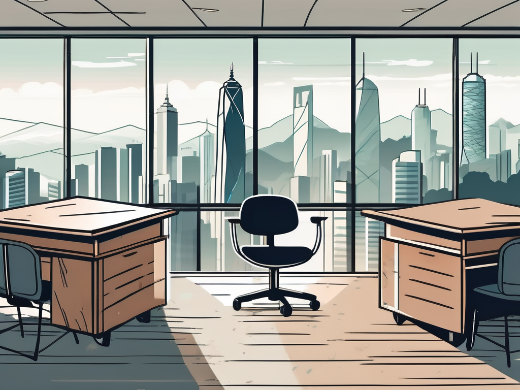 A classroom setting with a view of the hong kong skyline in the background