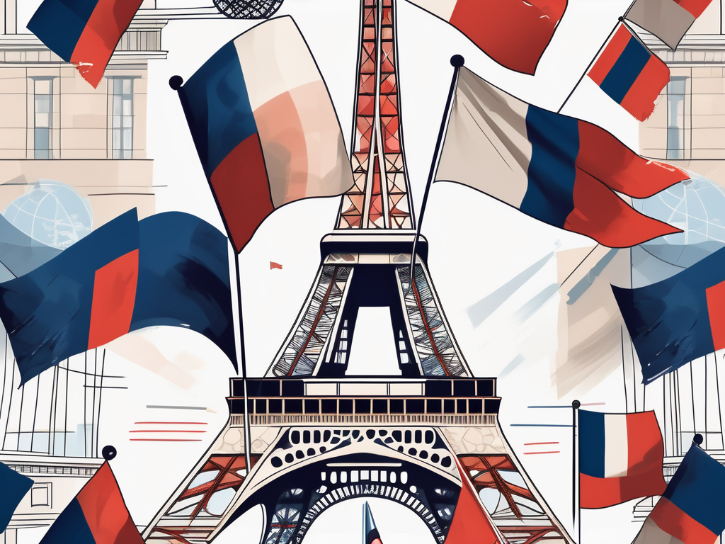 The eiffel tower with various international flags flying around it