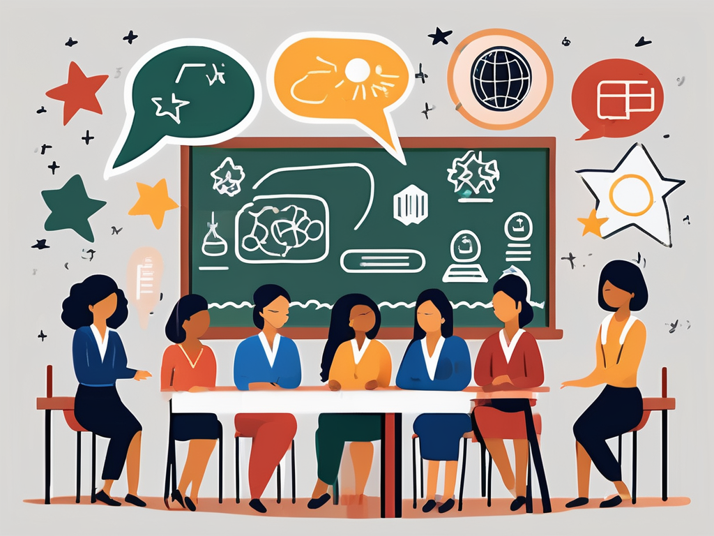 A classroom setting in malaysia with various symbolic barriers such as a language barrier represented by a speech bubble with jumbled shapes