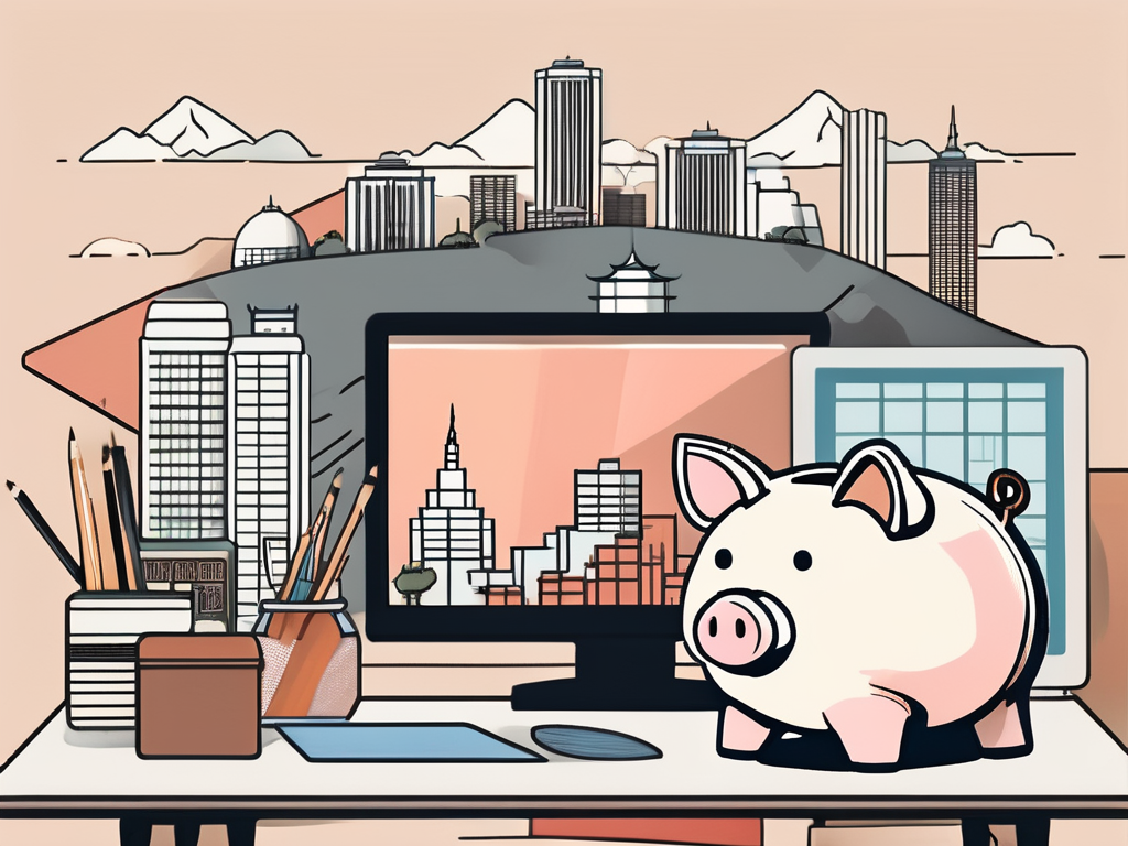 A classroom setting with various teaching tools and a piggy bank on a desk