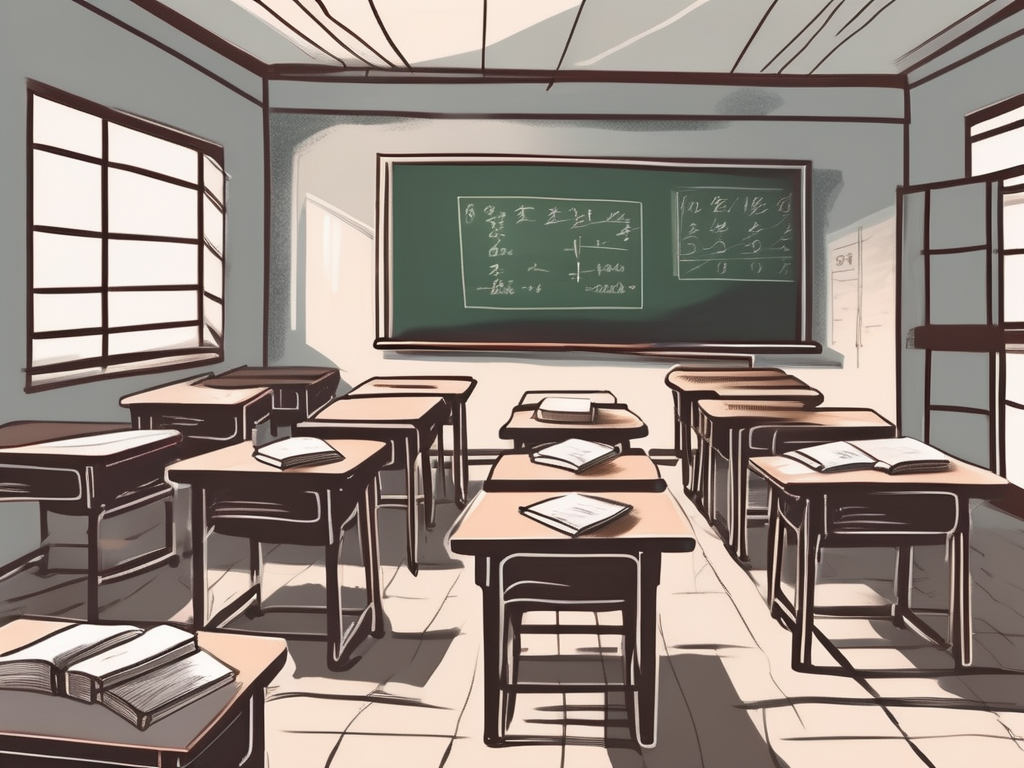 A classroom setting in china with empty desks and chairs