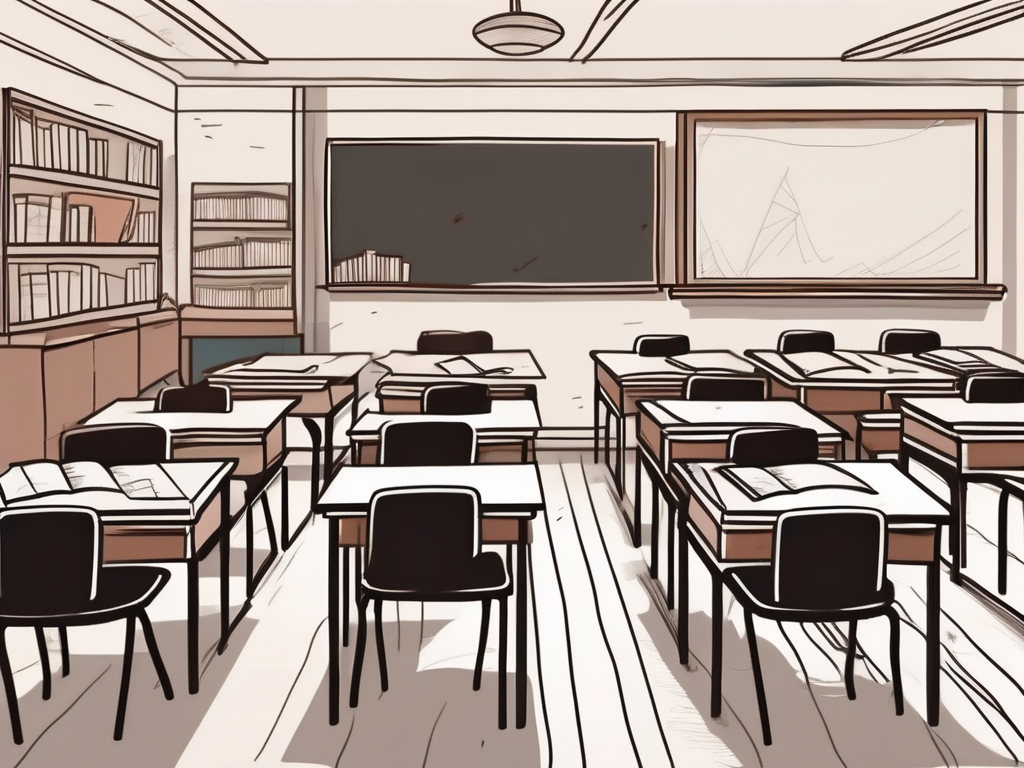 A classroom scene in hong kong with scattered books and an empty teacher's desk